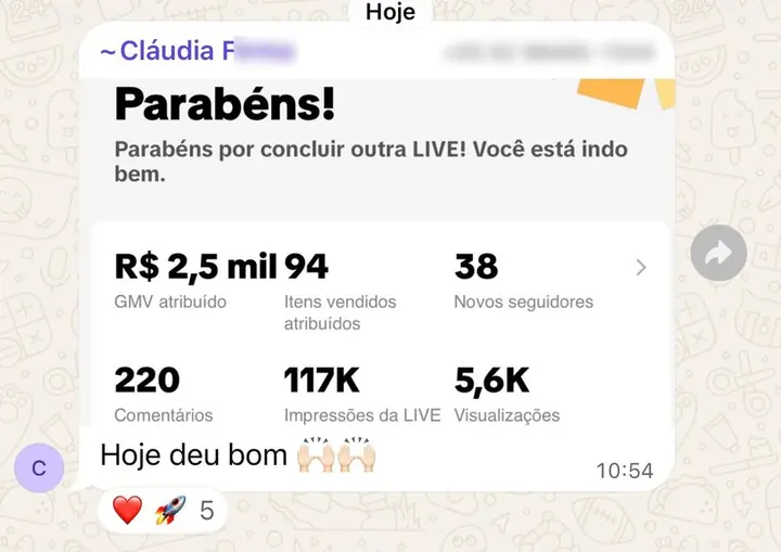 Print de aluna com resultado